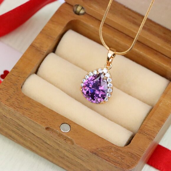 "Teardrop Purple Pendant with Crystal Halo in Elegant Rose Gold Finish, XPPT1615 - Picture 8 of 13